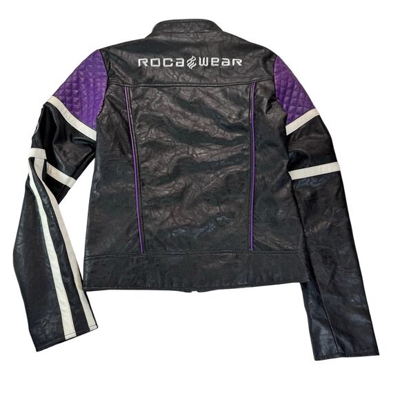 Vtg Rocawear Moto Jacket Black Purple Quilted Patch Women S  XS/S Y2K Streetwear - Picture 2 of 7
